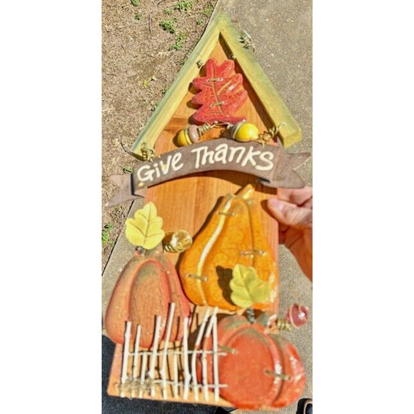 Give Thanks Fall Hanging Hand Made Wood Decor 18.5 in x 7.75 in - Picture 1 of 7